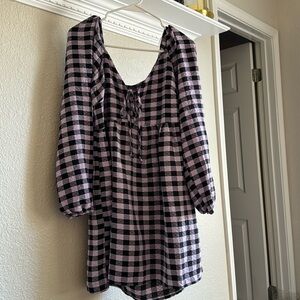 Gingham purple and black patterned dress, puff sleeves, size small